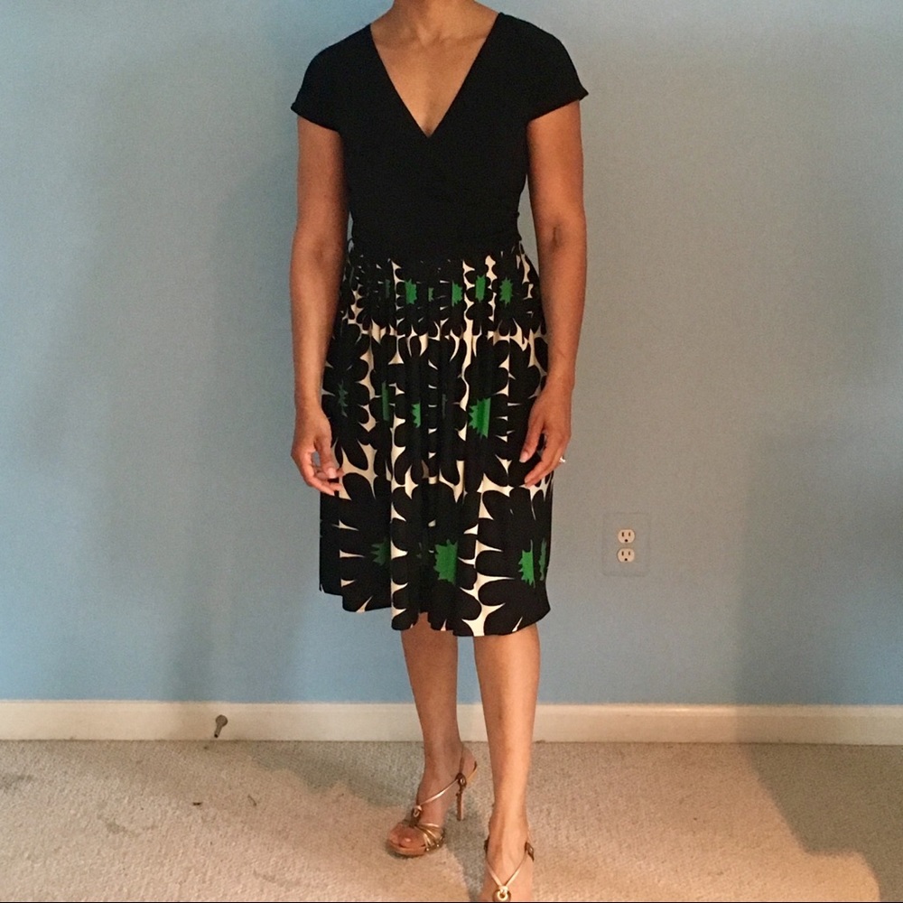 Spring dress with black, cream, and green